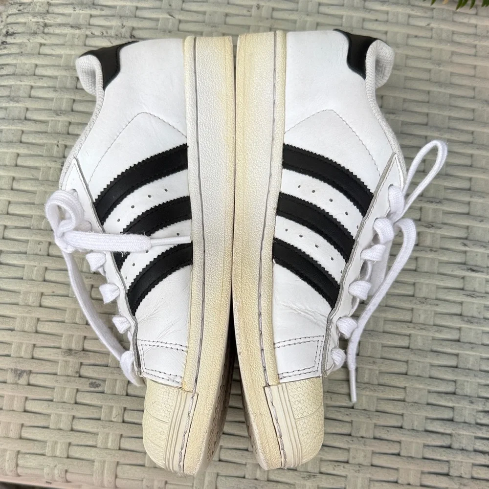 Adidas Superstar White and Black Sneakers with Cream Accents Size 5